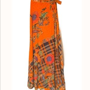 Gorgeous maxi wrap skirt in orange color with brown flowers